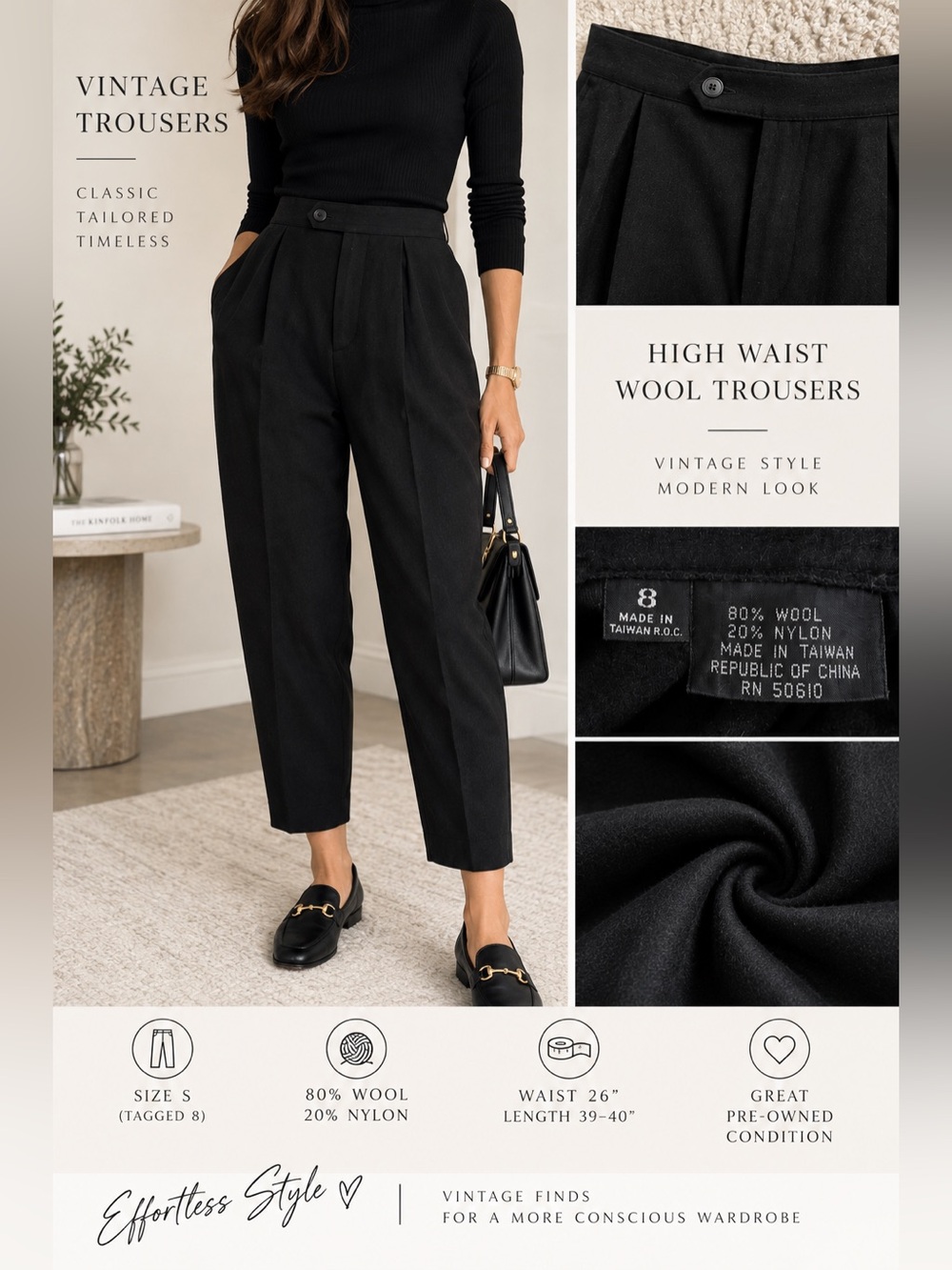 Vintage Black Wool High Waist Pleated Trousers Size S
